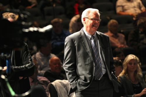 A relaxed Premier Greg Selinger banters with the audience before the debate, Melissa's tale. Sept 14, 2011 (Phil Hossack / Winnipeg Free Press