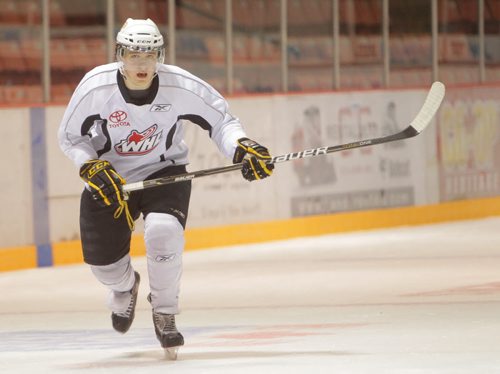 Brandon Sun 15092011 Carter Proft #12 of the Brandon Wheat Kings takes part in a drill during practice at Westman Place on Thursday. (Tim Smith/Brandon Sun)