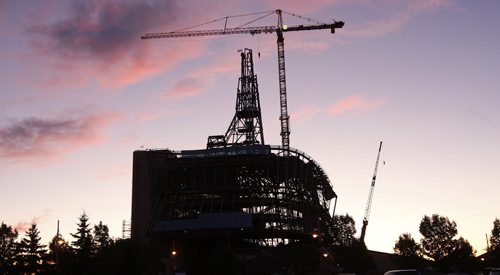 STDUP  the Canadian Museum Human  for Rights - at sunrise , glass is beginning to close up the structure  covering the construction steel  - continuing  construction phases for  book project  ( KEN GIGLIOTTI  / WINNIPEG FREE PRESS ) Sept 23 2011 - CMHR