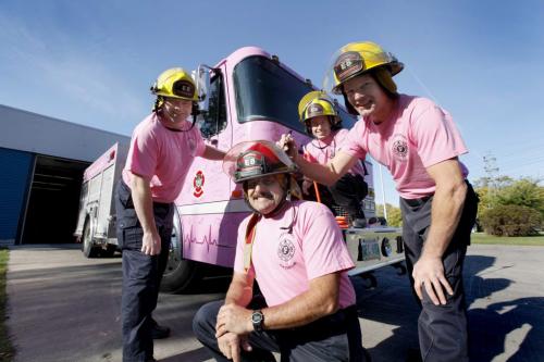Fire Fighters from Station 8 at 640 Kimberly Ave. are inviting cancer survivors and their friends and family to come and sign "Pinky" the pink fire engine in support of the fight against all cancers, especially breast cancer all day Saturday at their Station and on Sunday at Station 1 located at 65 Ellen Street.   Names from left - Jay Shaw, Barry Savage, Ian McKenta and Captain Bob Ezinicki (centre). Oct 1, 2011 Ruth Bonneville  Winnipeg Free Press