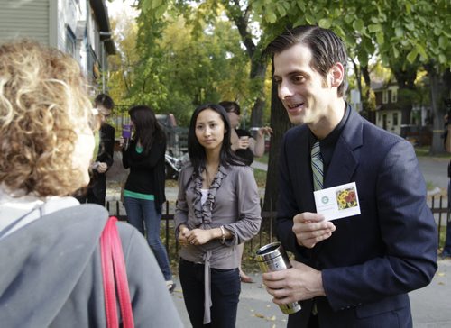 Green Party of Manitoba Leader and candidate James Beddome at media event Monday at the corner of Westminster Ave. and Arlington St. Larry Kusch story. (WAYNE GLOWACKI/WINNIPEG FREE PRESS) Winnipeg Free Press Oct. 3 2011