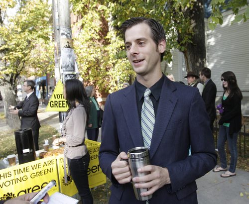 Green Party of Manitoba Leader and candidate James Beddome at media event Monday at the corner of Westminster Ave. and Arlington St. Larry Kusch story. (WAYNE GLOWACKI/WINNIPEG FREE PRESS) Winnipeg Free Press Oct. 3 2011