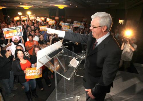 Premier Greg Selinger gives the thumbs up to hundreds of supporters at The Convention Centre. Election Coverage, See Bruce Owen's story Oct 4, 2011 Ruth Bonneville  Winnipeg Free Press