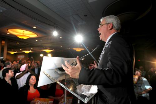 Premier Greg Selinger celebrates with hundreds of supporters at The Convention Centre after winning the provincial election Tuesday night. Election Coverage, See Bruce Owen's story Oct 4, 2011 Ruth Bonneville  Winnipeg Free Press