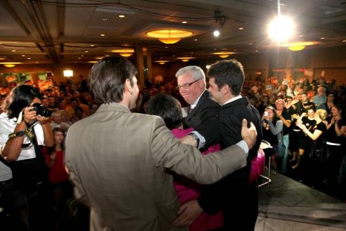 Premier Greg Selinger reaches for his wife and family while celebrating with hundreds of supporters at The Convention Centre after winning the provincial election Tuesday night. Election Coverage, See Bruce Owen's story Oct 4, 2011 Ruth Bonneville  Winnipeg Free Press