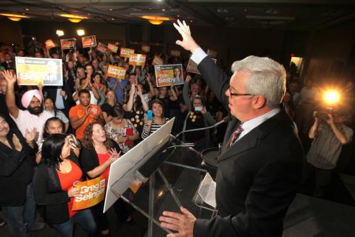 Premier Greg Selinger celebrates with hundreds of supporters at The Convention Centre after winning the provincial election Tuesday night. Election Coverage, See Bruce Owen's story Oct 4, 2011 Ruth Bonneville  Winnipeg Free Press