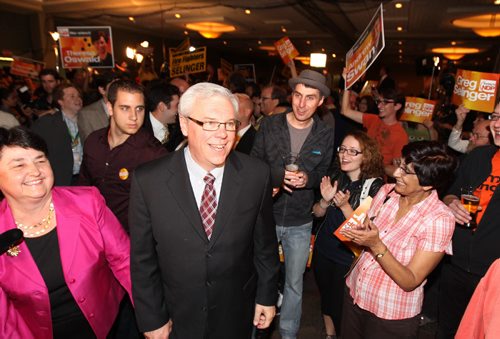 Premier Greg Selinger is all smiles as he walks into the Convention Centre ballroom with his wife to celebrate with hundreds of supporters after winning the provincial election Tuesday night. Election Coverage, See Bruce Owen's story Oct 4, 2011 Ruth Bonneville  Winnipeg Free Press