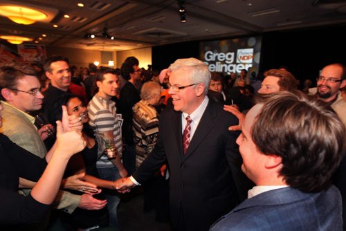 Premier Greg Selinger is all smiles as he walks through the crowd of supporters at the  Convention Centre while celebratng winning the provincial election Tuesday night. Election Coverage, See Bruce Owen's story Oct 4, 2011 Ruth Bonneville  Winnipeg Free Press