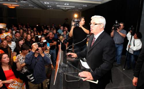Premier Greg Selinger talks to hundreds of supporters at The Convention Centre after winning the provincial election Tuesday night. Election Coverage, See Bruce Owen's story Oct 4, 2011 Ruth Bonneville  Winnipeg Free Press