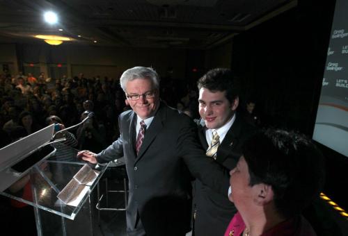 Premier Greg Selingers family celebrates with him on stage at the Convention Centre  with hundreds of supporters after winning the provincial election Tuesday night. Election Coverage, See Bruce Owen's story Oct 4, 2011 Ruth Bonneville  Winnipeg Free Press