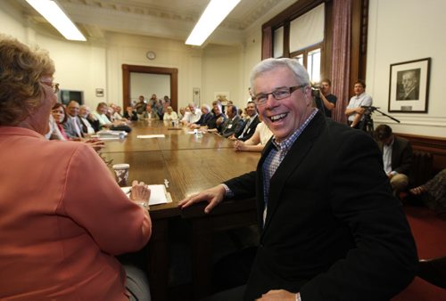 Manitoba Premier Greg Selinger meets with his MLA's at the first NDP caucus meeting with new mandate at the Legislature Thursday afternoon.  Sse Owen's story Oct 06, 2011 (Ruth Bonneville /  Winnipeg Free Press)