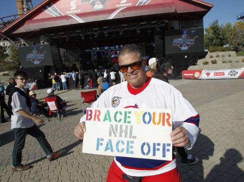 NHL Faceoff 2011 at the Forks. Dancing Gabe enjoys himself in front of the Scotiabank stage.  Oct. 6, 2011 (BORIS MINKEVICH / WINNIPEG FREE PRESS)