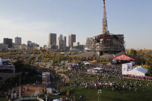 NHL Faceoff 2011 at the Forks. A photo taken on top of the Inn at the Forks looking towards the Scotiabank stage and downtown WInnipeg.  Oct. 6, 2011 (BORIS MINKEVICH / WINNIPEG FREE PRESS)
