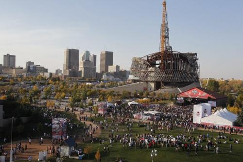 NHL Faceoff 2011 at the Forks. A photo taken on top of the Inn at the Forks looking towards the Scotiabank stage and downtown WInnipeg.  Oct. 6, 2011 (BORIS MINKEVICH / WINNIPEG FREE PRESS)