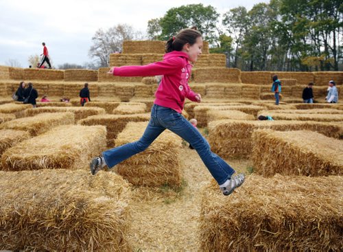 Brandon Sun Children play on a hay bale pyramid at Meandher Creek Farms, Saturday afternoon. The pumpkin patch playground is open weekends until October 30 and features plenty of activities for kids. (Colin Corneau/Brandon Sun)