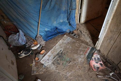 The front doorway in the  trailer of Richard Andrews in Wasagamack First Nation.  It is in filthy condition, has mold and is overpopulated by over 13 people living inside. It has  no running water- See Mary Agnes No Running Water Feature  August 18, 2011   (JOE BRYKSA / WINNIPEG FREE PRESS)