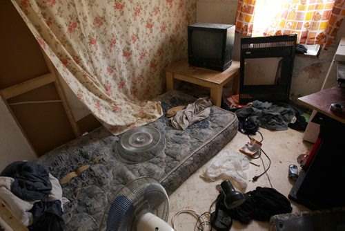 A bedroom in the  trailer of Richard Andrews in Wasagamack First Nation.  It is in filthy condition, has mold and is overpopulated by over 13 people living inside. It has  no running water- See Mary Agnes No Running Water Feature  August 18, 2011   (JOE BRYKSA / WINNIPEG FREE PRESS)