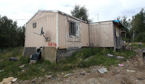 The outside view of the  trailer of Richard Andrews in Wasagamack First Nation.  It is in filthy condition, has mold and is overpopulated by over 13 people living inside. It has  no running water- See Mary Agnes No Running Water Feature  August 18, 2011   (JOE BRYKSA / WINNIPEG FREE PRESS)