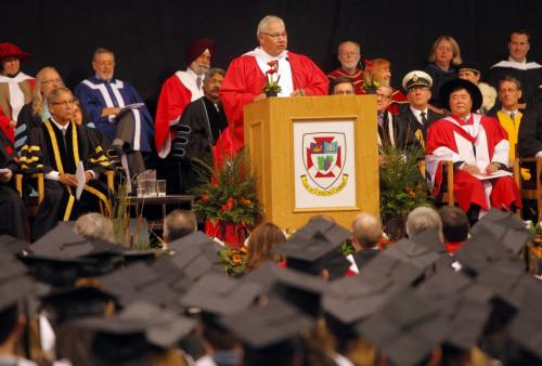 University of Winnipeg convication. Murray Sinclair is given an degree by Lloyd Axworthy and Bob Silver. He spoke to the students.  Oct. 16, 2011 (BORIS MINKEVICH / WINNIPEG FREE PRESS)