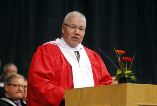 University of Winnipeg convication. Murray Sinclair is given an degree by xxx. He spoke to the students.  Oct. 16, 2011 (BORIS MINKEVICH / WINNIPEG FREE PRESS)