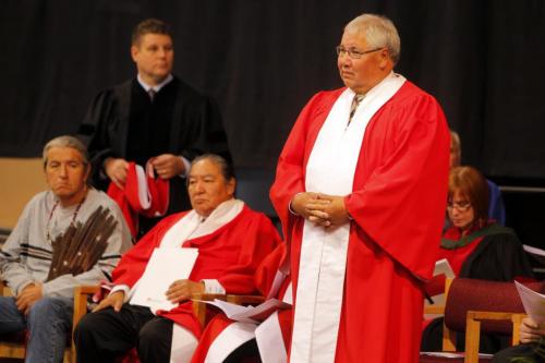 University of Winnipeg convication. Murray Sinclair is given an degree by Lloyd Axworthy and Bob Silver. He spoke to the students.  Oct. 16, 2011 (BORIS MINKEVICH / WINNIPEG FREE PRESS)
