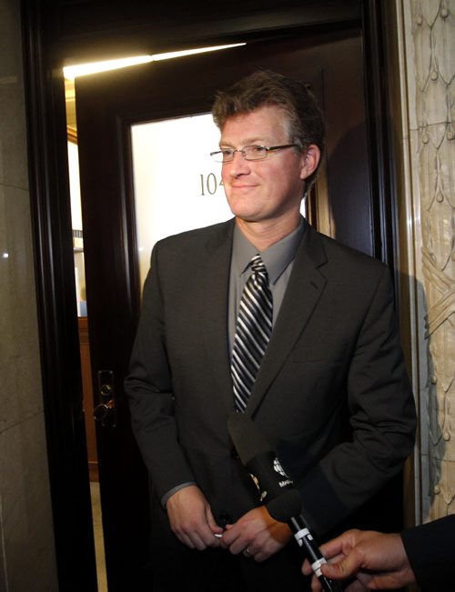 Andrew Swan, Minister of Justice and Attorney General speaks to reporters in the Manitoba Legislative Bld. Wednesday re: the wrongful release of a man at Headingley Correctional Centre.  see Bruce Owen story. (WAYNE GLOWACKI/WINNIPEG FREE PRESS) Winnipeg Free Press Oct. 19 2011