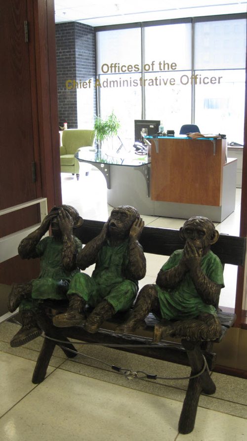 "Three Wise Monkeys" installed outside the Offices of the Chief Administrative Officer at Winnipeg city hall. BARTLEY KIVES/WINNIPEG FREE PRESS October 20 2011.