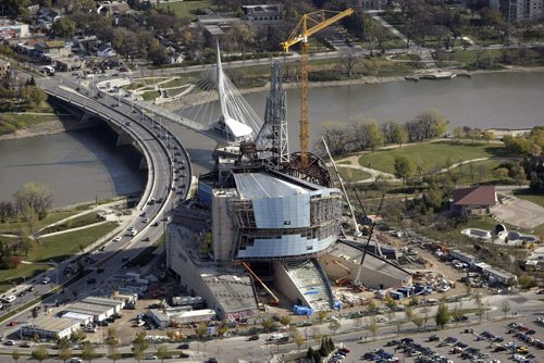 Aerial view of The Canadian Museum for Human Rights at The Forks and the Esplanade Riel with the Provencher Bridge, over the Red River, October 21st, 2011. (TREVOR HAGAN/WINNIPEG FREE PRESS) CMHR