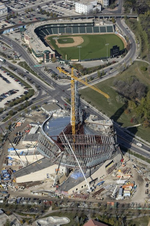 Aerial view of Shaw Park, top, and The Canadian Museum for Human Rights at The Forks, October 21st, 2011. (TREVOR HAGAN/WINNIPEG FREE PRESS) CMHR
