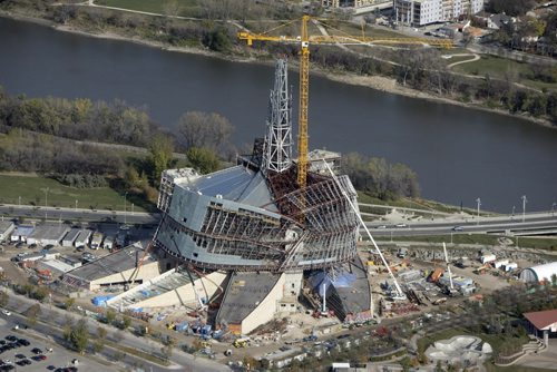 Aerial view of The Canadian Museum for Human Rights at The Forks, near the Red River, October 21st, 2011. (TREVOR HAGAN/WINNIPEG FREE PRESS) CMHR