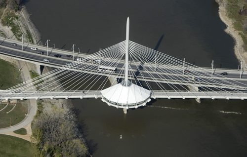 Aerial view of The Esplanade Riel and the Provencher Bridge over the Red River, October 21st, 2011. (TREVOR HAGAN/WINNIPEG FREE PRESS)