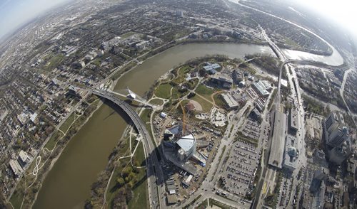 Aerial view of The Esplanade Riel, Provencher Bridge over the Red River, The Canadian Museum for Human Rights and The Forks near the Assiniboine River, October 21st, 2011. Also, St.Boniface Cathedral, Hospital, Inn at the Forks. (TREVOR HAGAN/WINNIPEG FREE PRESS) CMHR