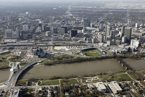Aerial view of The Esplanade Riel, Provencher Bridge over the Red River, The Canadian Museum for Human Rights, Shaw Park and downtown, October 21st, 2011. (TREVOR HAGAN/WINNIPEG FREE PRESS) CMHR