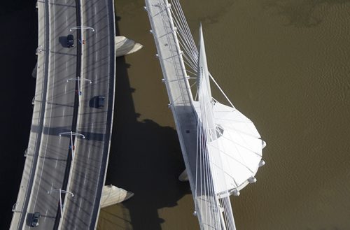 Aerial view of the Provencher Bridge and The Esplanade Riel, October 21st, 2011. (TREVOR HAGAN/WINNIPEG FREE PRESS)