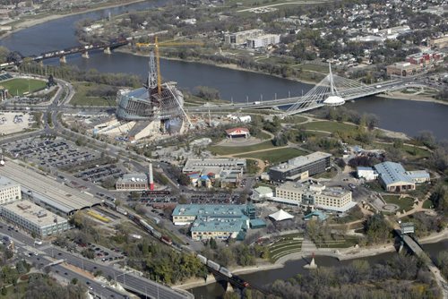 Aerial view of The Canadian Museum for Human Rights at The Forks and the Esplanade Riel over the Red River, October 21st, 2011. (TREVOR HAGAN/WINNIPEG FREE PRESS) CMHR