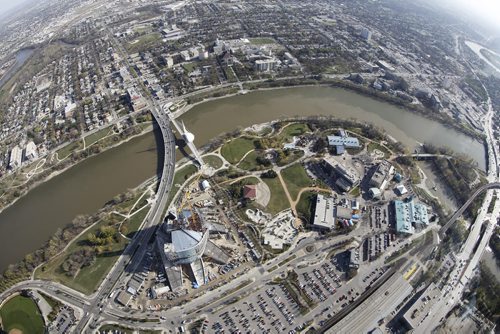 Aerial view of The Canadian Museum for Human Rights at The Forks, the Esplanade Riel, Provencher Bridge, The Red River, The Forks, Main Street, St.Boniface, and the Assiniboine River, October 21st, 2011. (TREVOR HAGAN/WINNIPEG FREE PRESS) CMHR