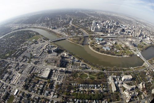 Aerial view of The Norwood Bridge, The Forks, The Assiniboine River, The Esplanade Riel and Provencher Bridge over the Red River, The Canadian Museum for Human Rights, Shaw Park, St.Boniface and downtown, October 21st, 2011. (TREVOR HAGAN/WINNIPEG FREE PRESS) CMHR