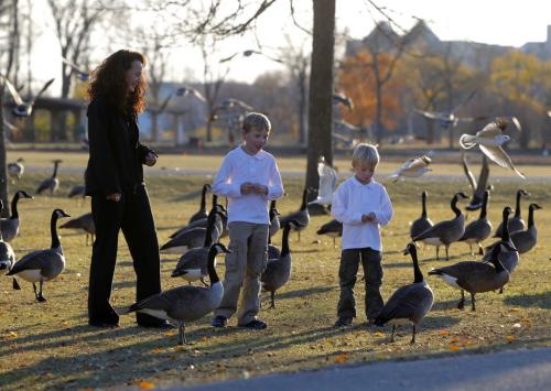 WEATHER STANDUP - Edna Sears and her boys Erik (tall one) and Drew enjoy the wonderful weather at St. Vital Park. The geese there enjoy the good eats that they are giving them. November 1, 2011 (BORIS MINKEVICH / WINNIPEG FREE PRESS)
