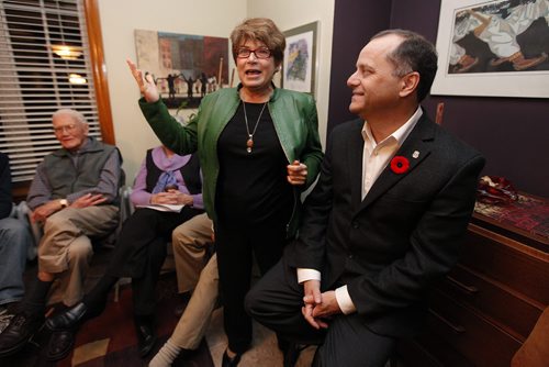 Brian Topp, who is running to replace Jack Layton as leader of the NDP of Canada, is endorsed by Judy Wasylycia-Leis at her home in Winnipeg Thursday, November 3, 2011. Topp presented his platform to some party members at Wasylycia-Leis home. (John Woods/Winnipeg Free Press)