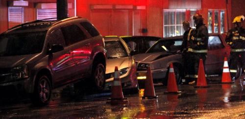 MVC at 838 Ellice. Multi vehicle accident. Not known if there were any injuries. There was a movie being shot across the street. November 6, 2011 (BORIS MINKEVICH / WINNIPEG FREE PRESS)