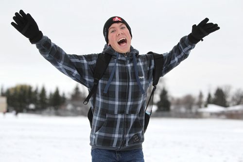 Grade 7 Windsor School student Liam races across Darwin Schools field running through the fresh snow after shop class Monday. This is the first year that the students are given the independance of their own lockers, moving to different rooms between classes and taking the transit bus on their own to name a few.  See 2017 project, Carolin Vesley and Doug Speirs Nov 10,2011 (Ruth Bonneville /  Winnipeg Free Press)