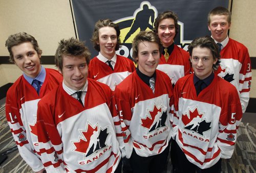 At a news conference Tuesday the 2012 Under-17 Team West was announced, players in attendance from front row (left to right) Remi Laurencelle, Denis Bosc, and Kurt Keats and in the back row from left is Christian Stockl, Geordie Maguire, Paul Stoykewych and Kevin Pochuk. The 2012 World Under-17 Hockey Challenge will be held Dec.29 -Jan.4 in Windsor, On. Ashley Prest story   (WAYNE GLOWACKI/WINNIPEG FREE PRESS) Winnipeg Free Press Nov. 15  2011