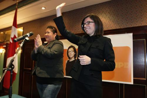 November 18, 2011 - 111118  -  Niki Ashton, candidate for the leadership of the federal NDP, waves to supporters after speaking at the Hotel fort Garry Friday, November 18, 2011.    John Woods / Winnipeg Free Press  Re: Bruce Owen