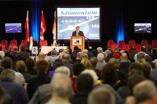 Brandon Sun 22112011 MLA Ron Lemieux speaks at the 2011 Association of Manitoba Municipalities Convention in the UCT Pavilion at the Keystone Centre on Tuesday morning. (Tim Smith/Brandon Sun)