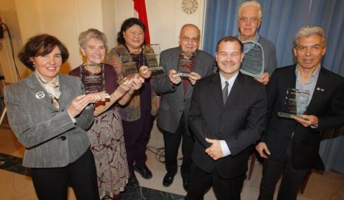 Manitoba Council on Aging recognition awards at the Leg. Healthy Living, Youth and Seniors Minister Jim Rondeau (centre without an award in his hand) with award winners L-R. Lynn Crawford, Pauline Miller, Poh-Lin Lim, Ted Dupuis, , (Jim Rondeau), John Neable, and Winnipeg Folk Festival chair Gerry Couture . November 22, 2011 (BORIS MINKEVICH/ WINNIPEG FREE PRESS)