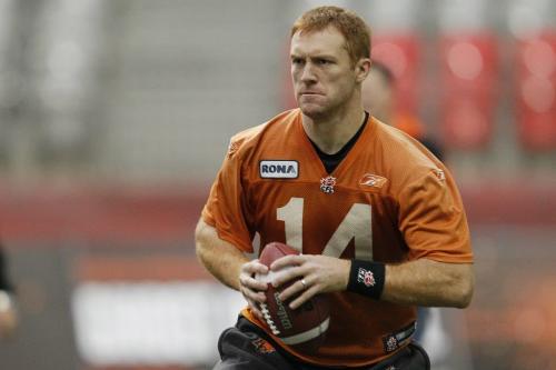 VANCOUVER, BC: NOVEMBER 26, 2011 --  BC Lions' Travis Lulay (14) gets set to throw during practice in Vancouver Saturday, November 26, 2011 ahead of the 2011 Grey Cup. (John Woods/Winnipeg Free Press)