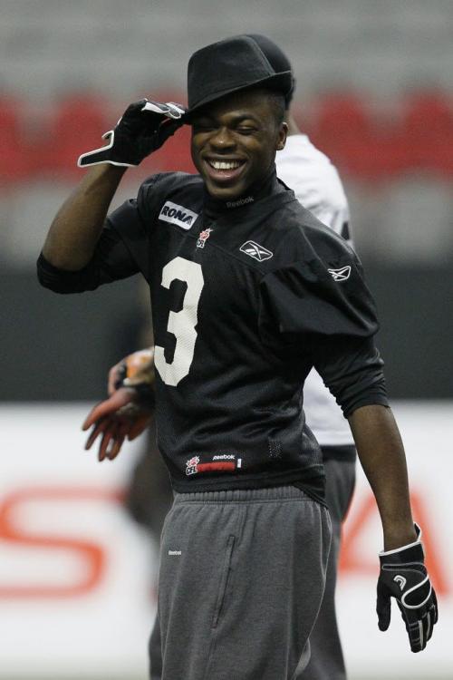 VANCOUVER, BC: NOVEMBER 26, 2011 --  BC Lions' Cauchy Muamba (3) shows off his hat during practice in Vancouver Saturday, November 26, 2011 ahead of the 2011 Grey Cup. (John Woods/Winnipeg Free Press)
