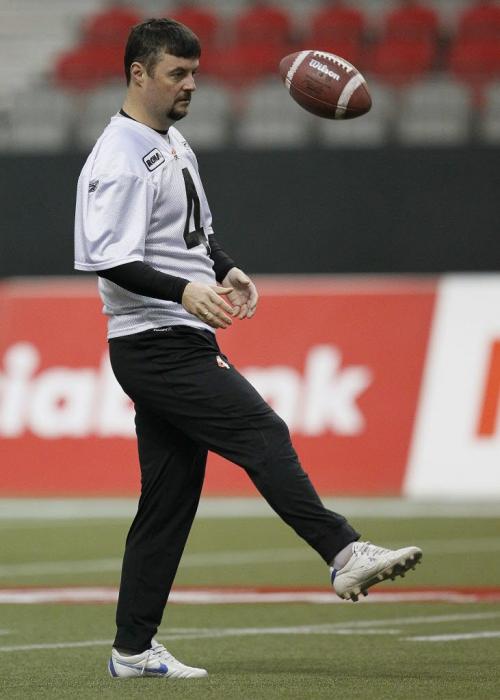 VANCOUVER, BC: NOVEMBER 26, 2011 -- BC Lions' Paul McCallum (4) kicks around a ball during practice in Vancouver Saturday, November 26, 2011 ahead of the 2011 Grey Cup. (John Woods/Winnipeg Free Press)