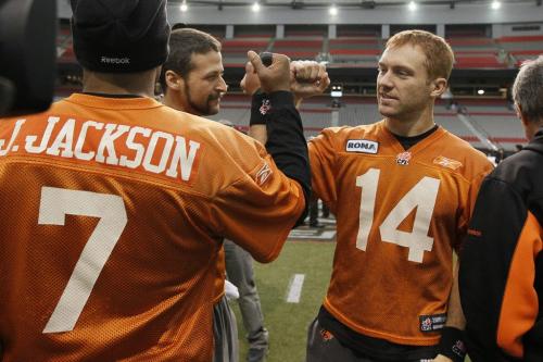 VANCOUVER, BC: NOVEMBER 26, 2011 -- BC Lions' Travis Lulay (14), Jarious Jackson (7), and Mike Reilly (13) during practice in Vancouver Saturday, November 26, 2011 ahead of the 2011 Grey Cup. (John Woods/Winnipeg Free Press)