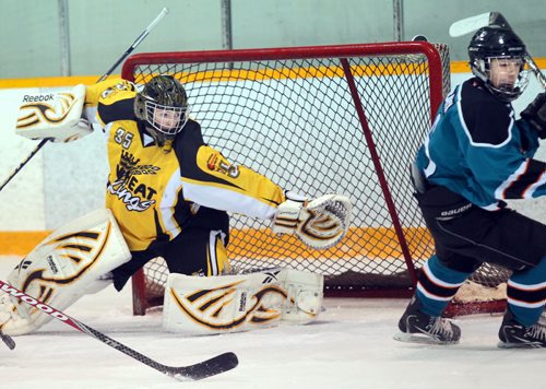 Brandon Sun Brandon Wheat Kings' goalie Tyson Verhelst makes a save on a shot by Winnipeg Sharks' Chase Fincaryk during AA hockey action, Saturday night at the Sportsplex. (Colin Corneau/Brandon Sun)